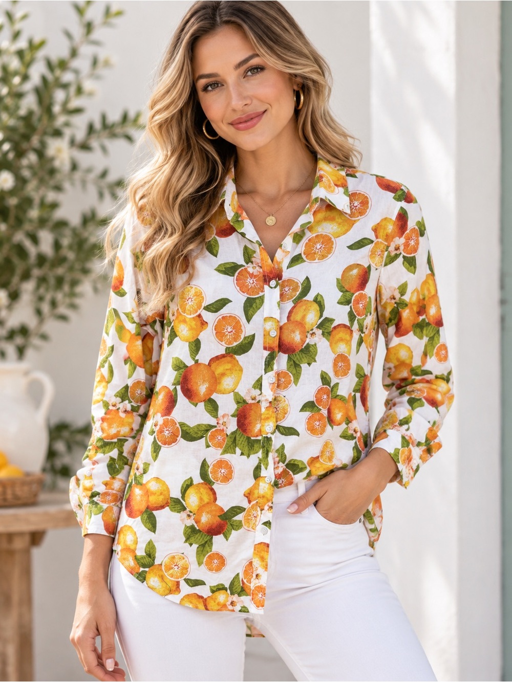 TALBOTS Citrus Fruit Botanical Print Button-Down Long Sleeve Shirt Size Medium